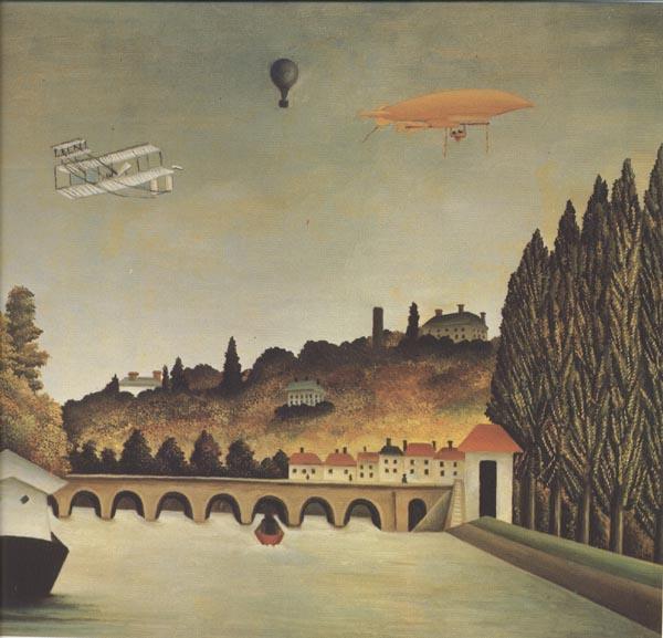 Henri Rousseau View of the Bridge at Sevres and Saint-Cloud with Airplane,Balloon,and Dirigible oil painting image